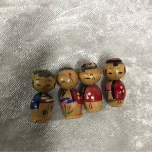 Vintage Kokeshi Hand-Painted Wooden Figurines - Red, Blue, Green Accents